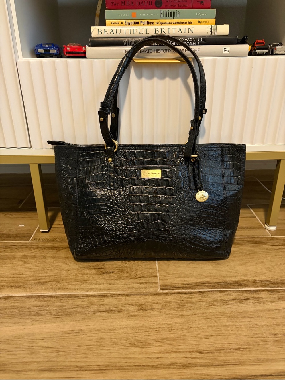 Brahmin Black Croc Embossed Leather Tote Bag Shoulder Purse Gold Hardware Large